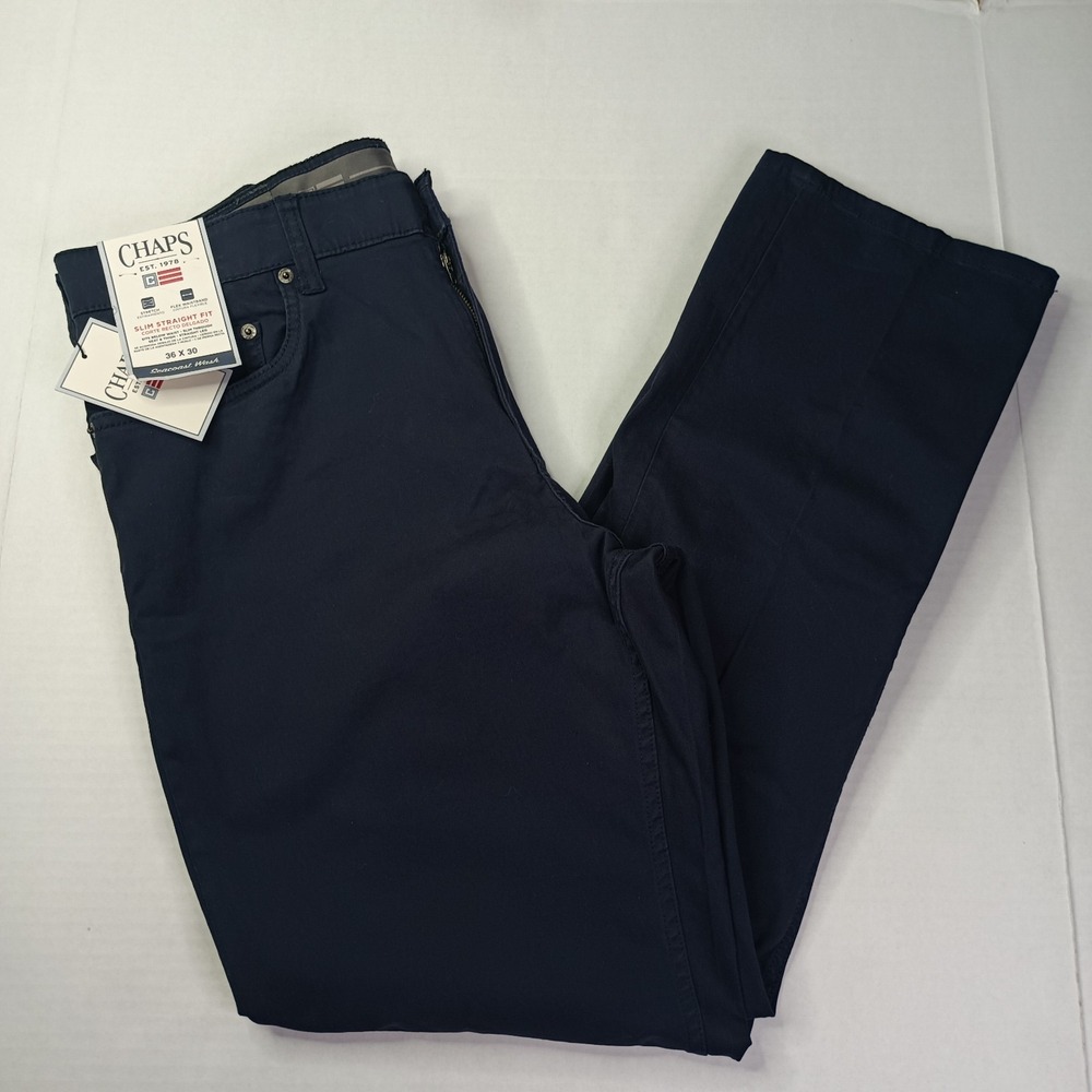 Chaps 5-Pocket Twill Pants Men's Size 36x30 Navy Blue Slim Straight Fit Stretch